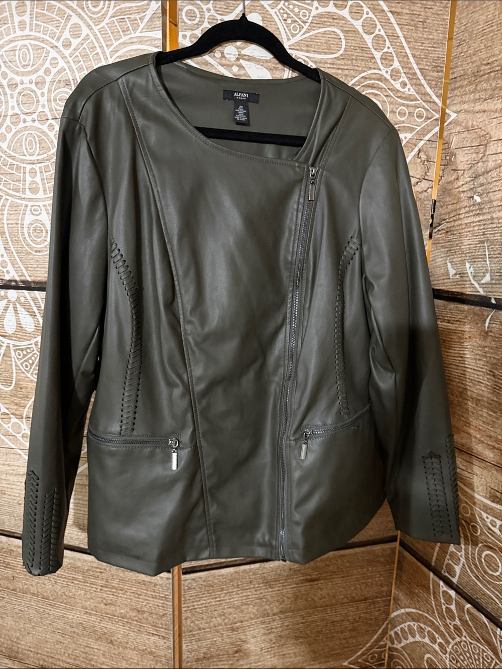 Alfani Olive Green Faux Leather Asymmetric Zip Jacket